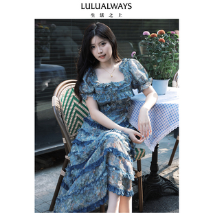 LULUALWAYS我爱露露夏季新款氛围感欧根纱印花蛋糕裙长款连衣裙