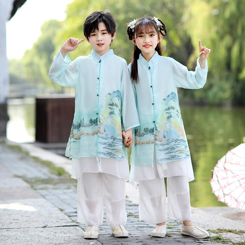 儿童中国风唐装演出服男童女童汉服秋季薄款中式古风长衫走秀礼服