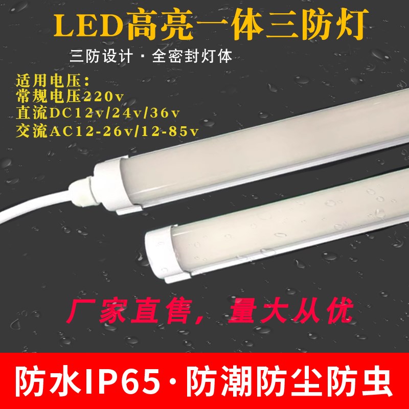 led防水长条三防灯12v24v36v220v超亮防潮防尘一体化户外日光灯管