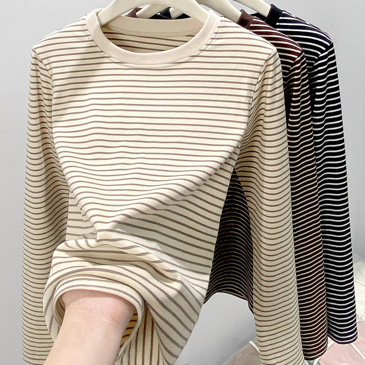 复古撞色条纹圆领长袖t恤女2025秋冬款设计感打底衫内搭上衣外穿