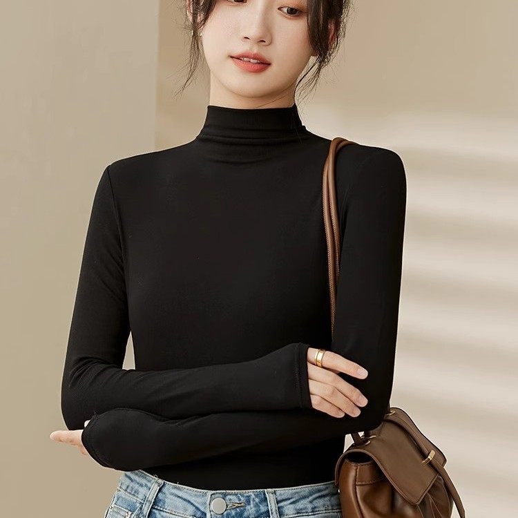 黑色半高领打底衫女上衣初春秋冬内搭修身长袖T恤2025新款可外穿