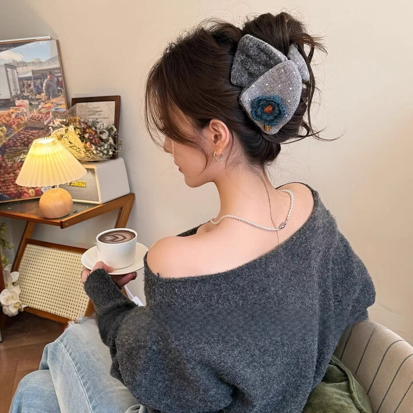 秋冬毛呢花朵波点三角抓夹女2025新款高级感发夹后脑勺鲨鱼夹发饰