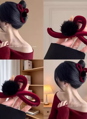 新年冬季毛毛抓夹新款红色高级丝绒鲨鱼夹头饰后脑勺发夹气质发饰