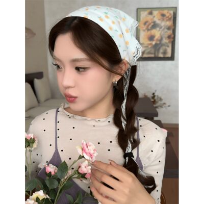 油画碎花蕾丝长飘带发箍三角巾