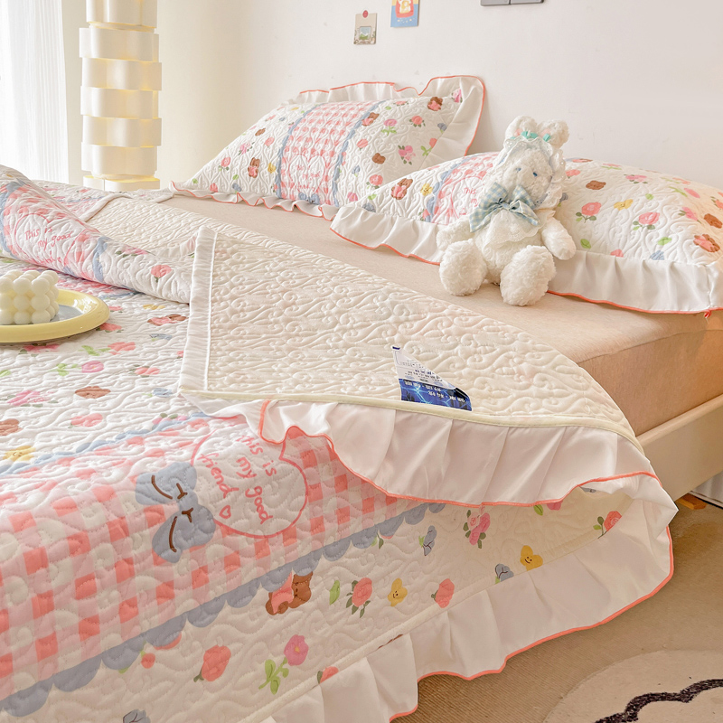 2023新款花边全棉床盖单件四季通用公主风加厚夹棉防滑床单三件套