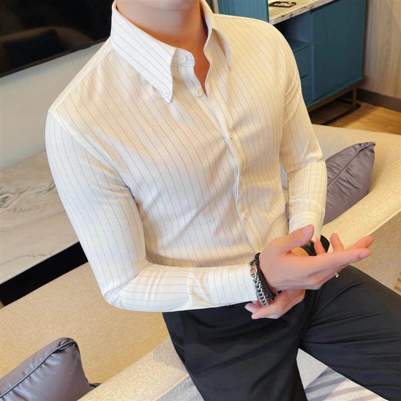 法梵蒂男装春男士条纹长袖衬衫商务休闲修身大领时尚潮流打底衬衣