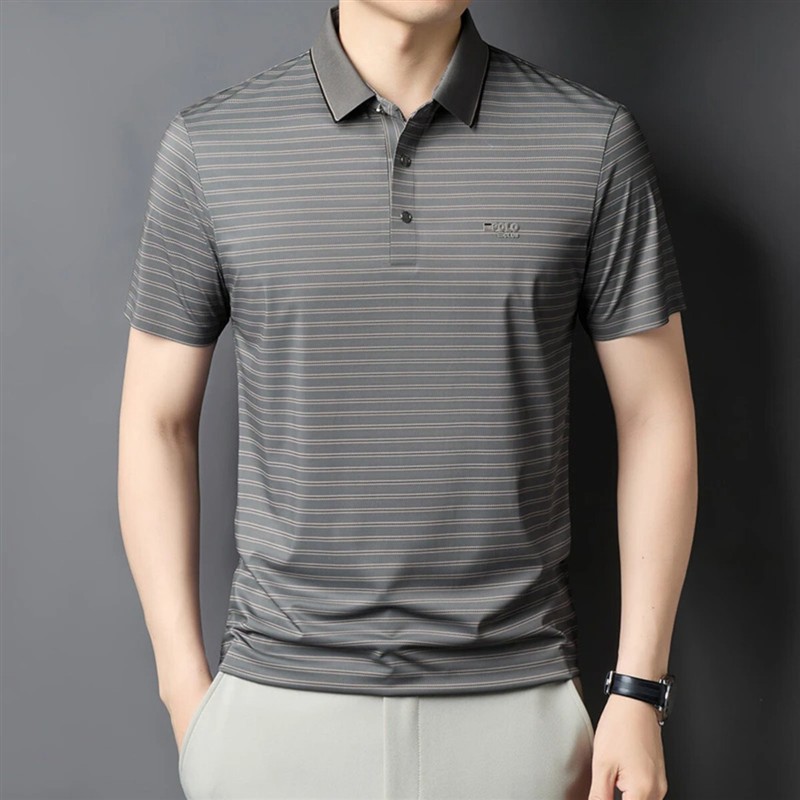 桑植服装店5夏季高品质中年男条纹短袖t恤polo衫新款休闲透气上衣