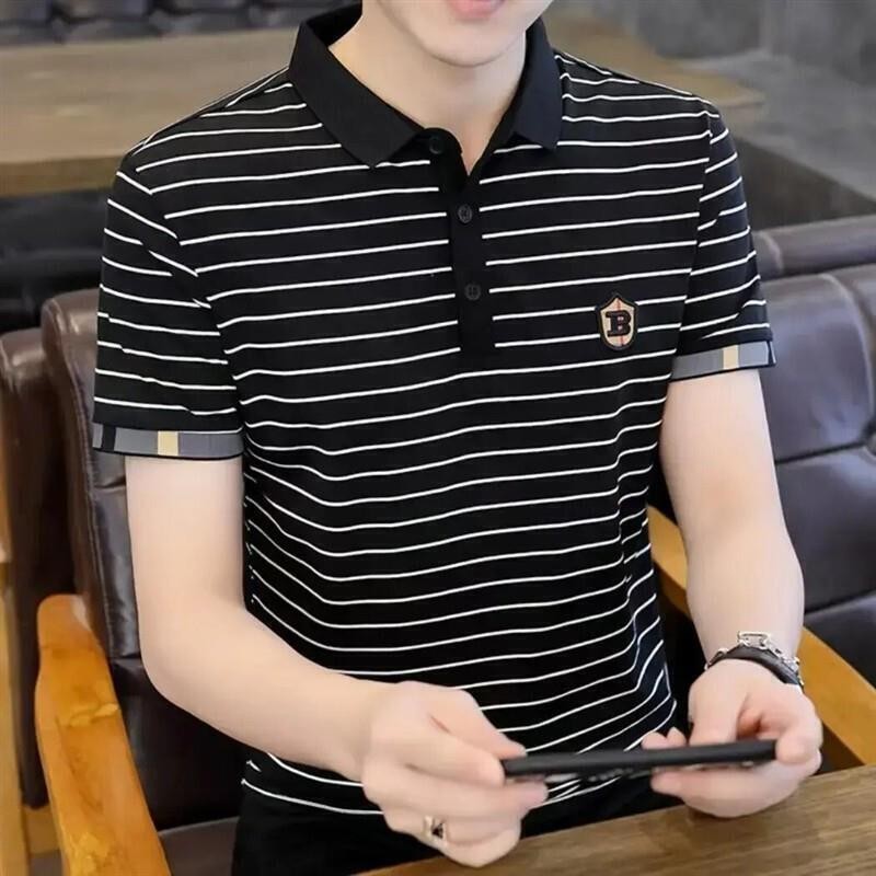 康荣名品轻奢严选夏季新款短袖T恤男休闲圆领条纹打底衫上衣百搭