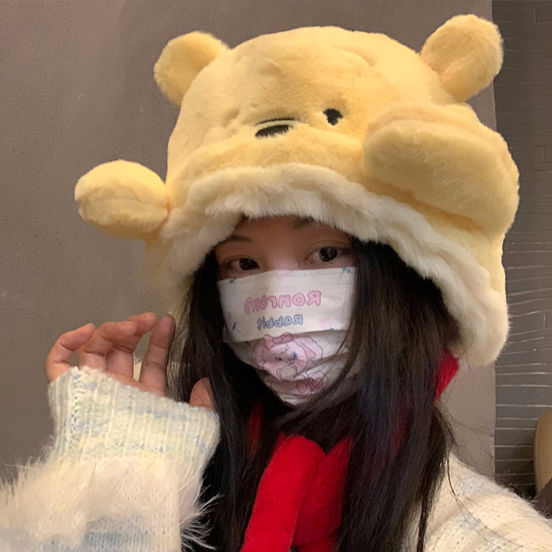 迪士尼正版可爱毛绒小o熊维尼包头帽冬季保暖护耳防寒帽子加绒套