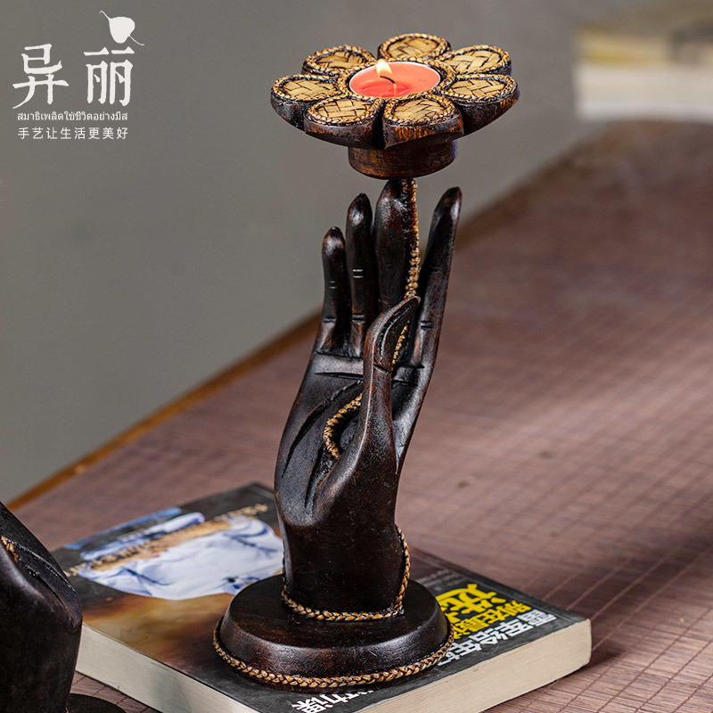 泰国香薰蜡烛台创意佛手莲花烛台复古实木蜡台摆件烛光晚餐用品