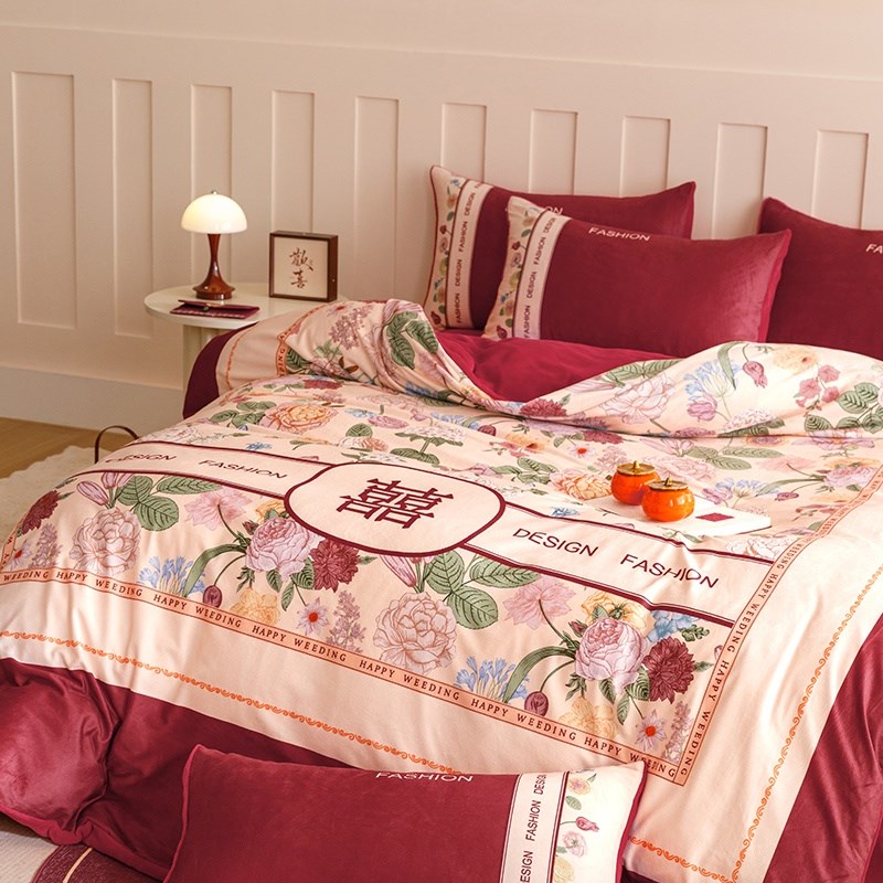 类冬季结婚四件红色陪嫁床单被珊瑚绒新婚庆床上用品