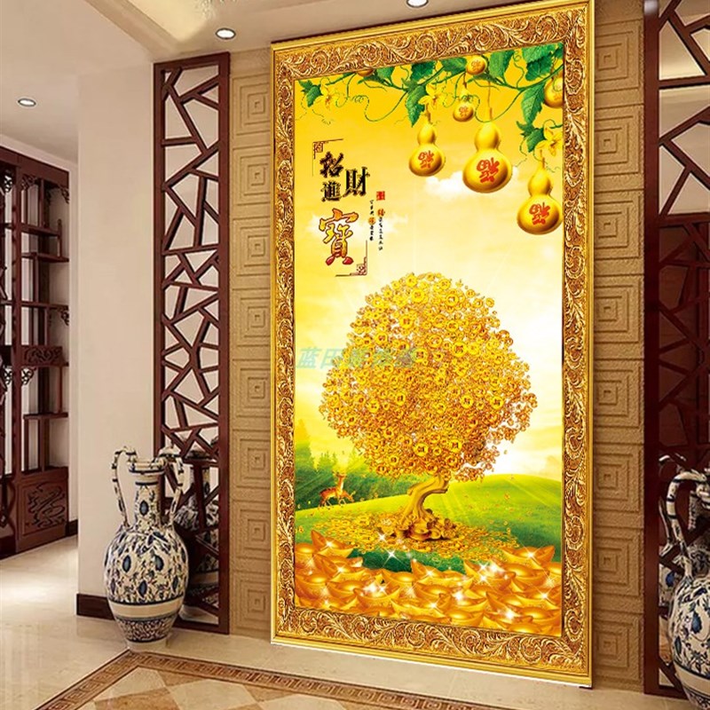 仿真框墙纸自粘发财摇钱树墙贴画玄关装饰3d视觉玻璃贴纸客厅墙贴图片