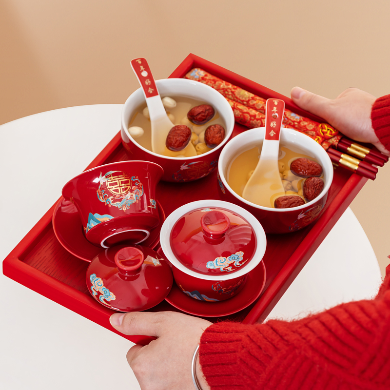 唐呈敬茶杯子喜碗结婚礼喜事红色改口盖碗茶具对碗筷装陪嫁用品