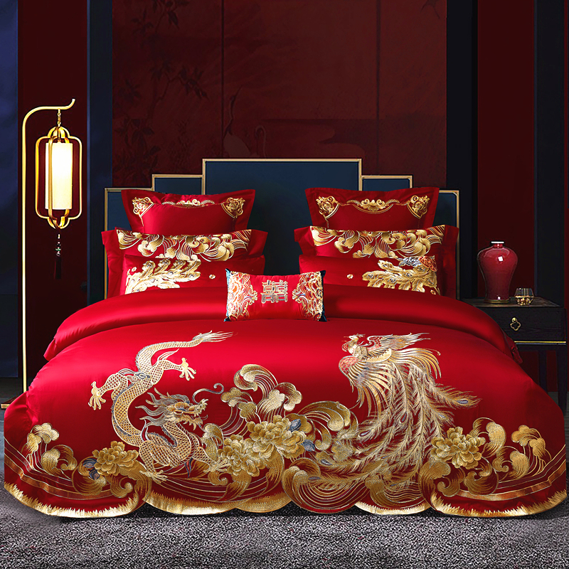 婚庆大红色刺绣四件结婚房床上用品喜婚被龙凤床单被中式