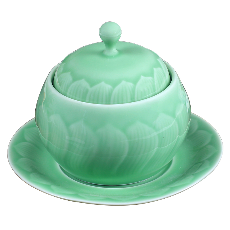 龙泉青瓷莲花炖盅炖燕窝陶瓷炖盅隔水蒸蛋带盖小汤盅酒店餐具摆台