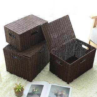 编织收纳筐篮子大号桌面整理箱家用衣物筐藤编有盖玩具杂物储物盒