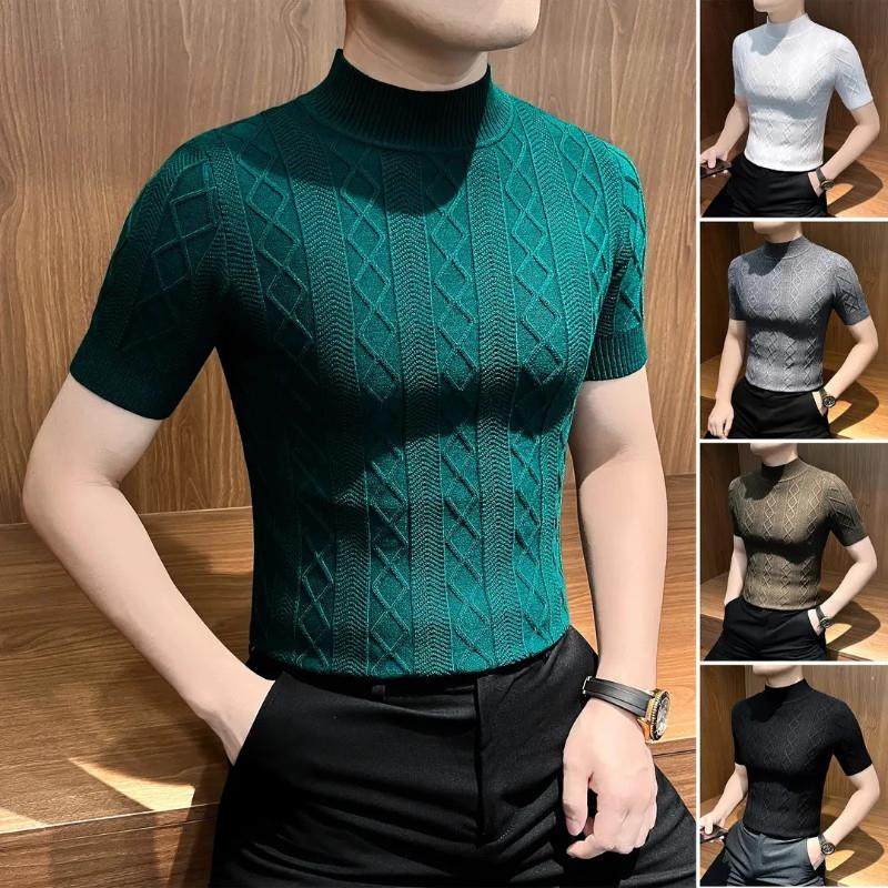 美特鞋服菱形格针织半Y高领短袖T恤男款秋毛衣弹力内搭男士打底衫