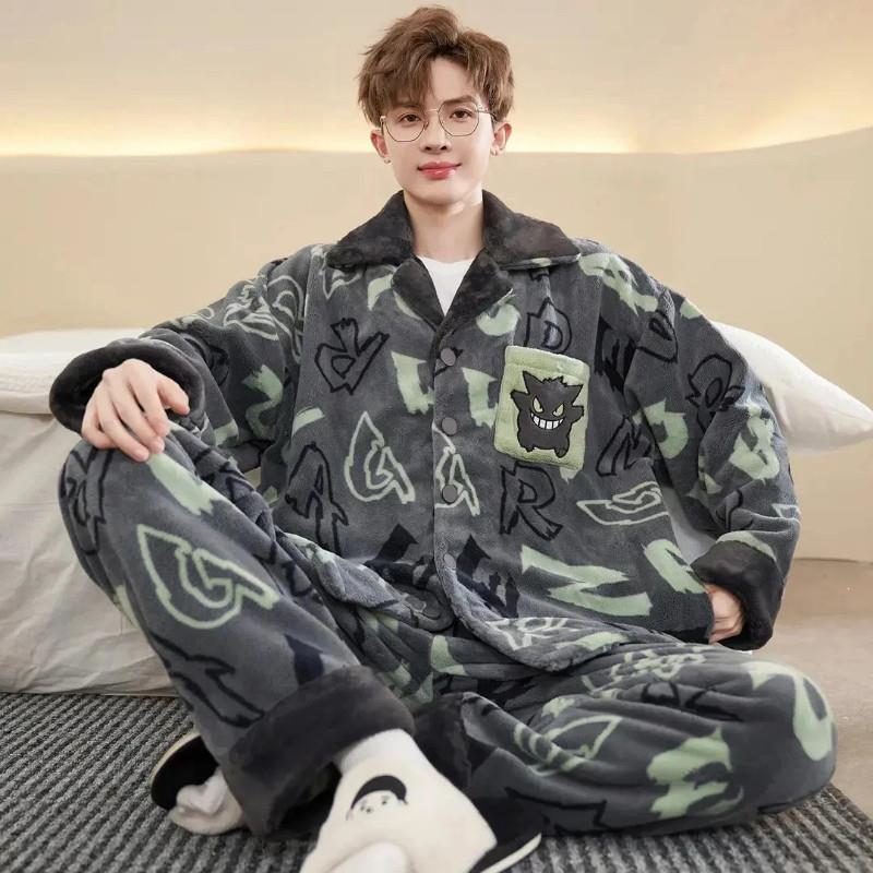 迈潮服饰店珊瑚绒睡衣男冬季加绒加厚男款加大码法U兰绒家居服套