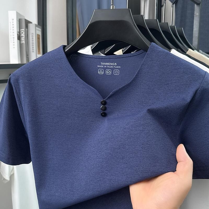 师凯服饰Amphelisia2026夏季男士冰丝速干纯色圆领短袖T恤薄款V领