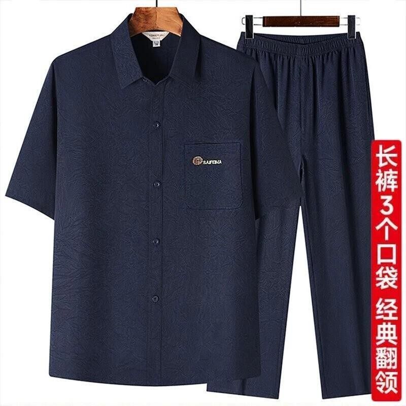 方元名品3夏季冰丝薄款男士套装中老年人短袖衬衫宽松民族两件套