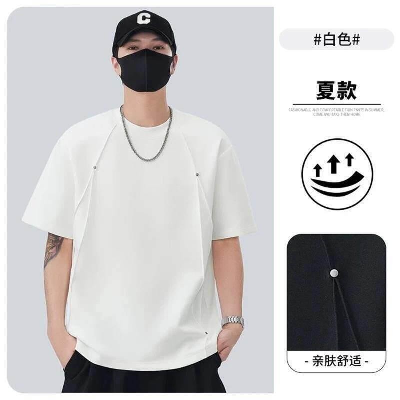 鸿博服饰百货1立体压褶铆钉宽松大码休闲男士t恤短袖男生衣服高级
