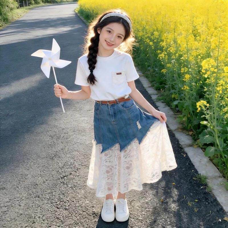 卿然精品甄选1夏女童套装牛仔蕾丝拼接牛仔半身裙田园短袖两件套