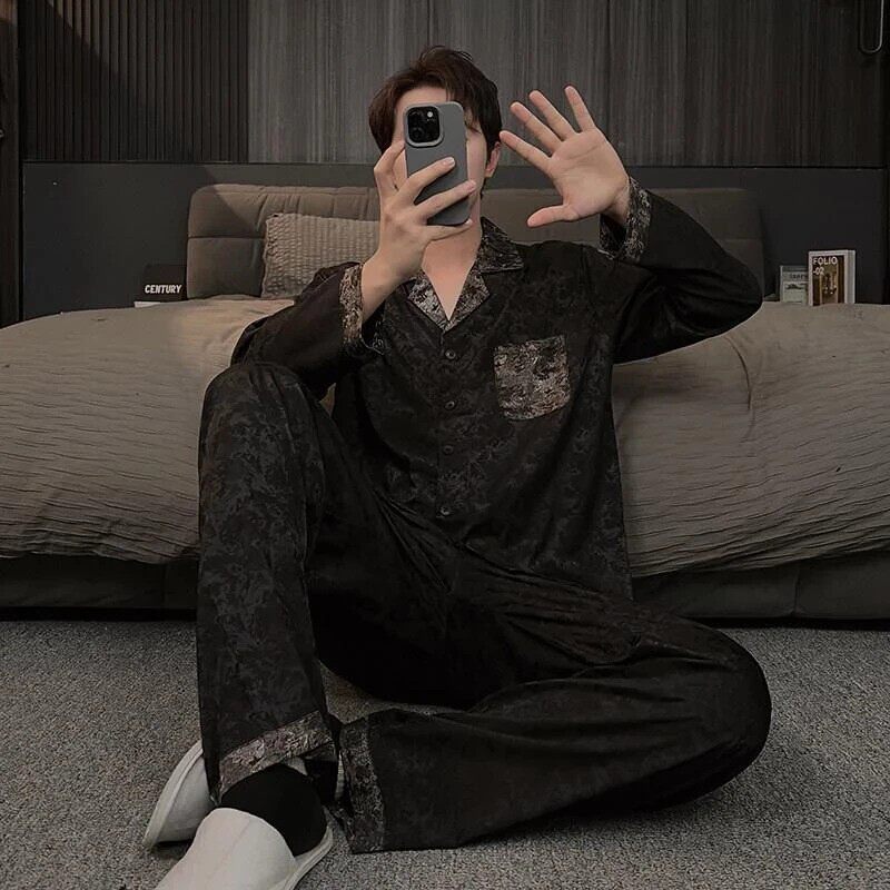 2黑择STUDIO高级感冰丝男士睡衣夏季长袖长裤外穿春秋款家居服轻