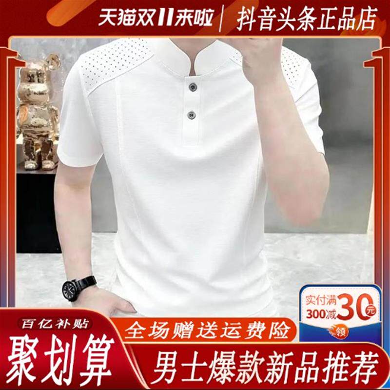 HK品质百货高档夏季新款立领短袖T恤时尚潮流帅气半袖体恤轻奢男