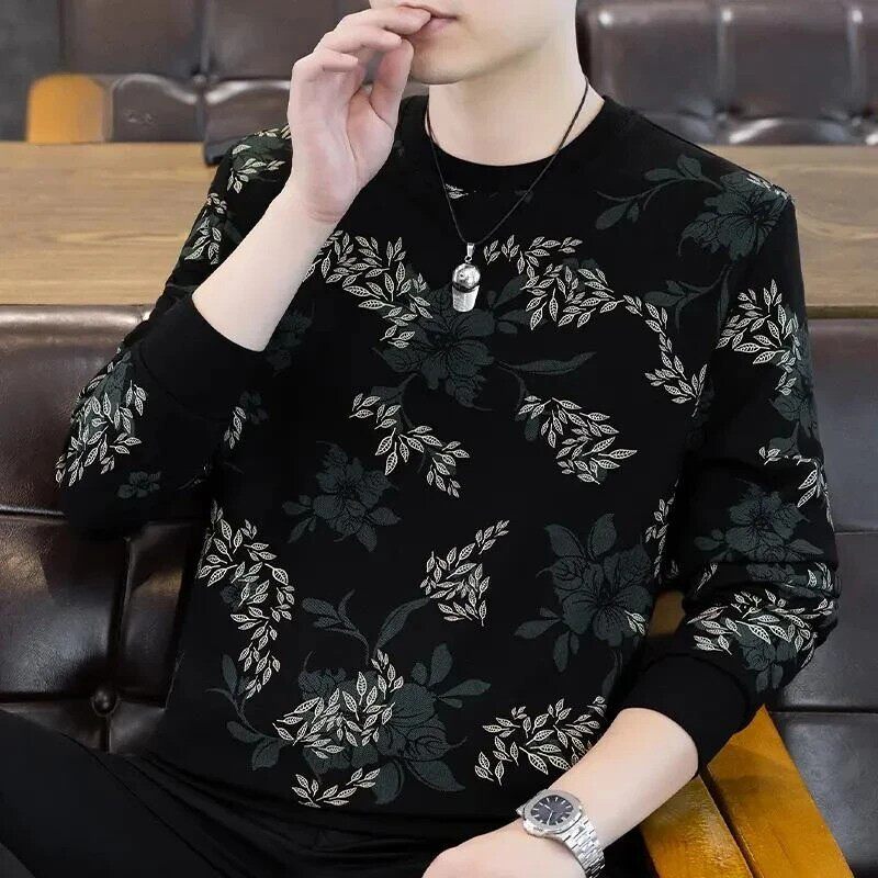 4量莱轻奢服饰男士卫衣碎花休闲百搭潮牌休闲线衣圆领百搭上衣