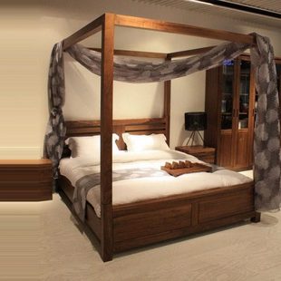 柱子床新中式实木架子四柱双人现代简约帷幔酒店会所卧室老榆木床