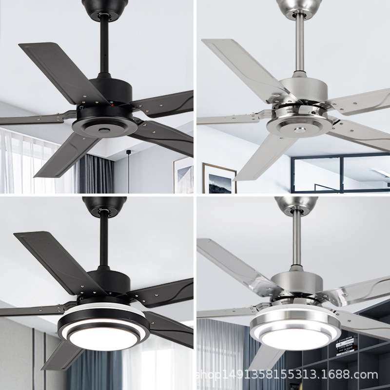 吊扇灯餐厅简约不锈钢铁叶电风扇灯客厅卧室黑色工业吊扇风扇吊灯