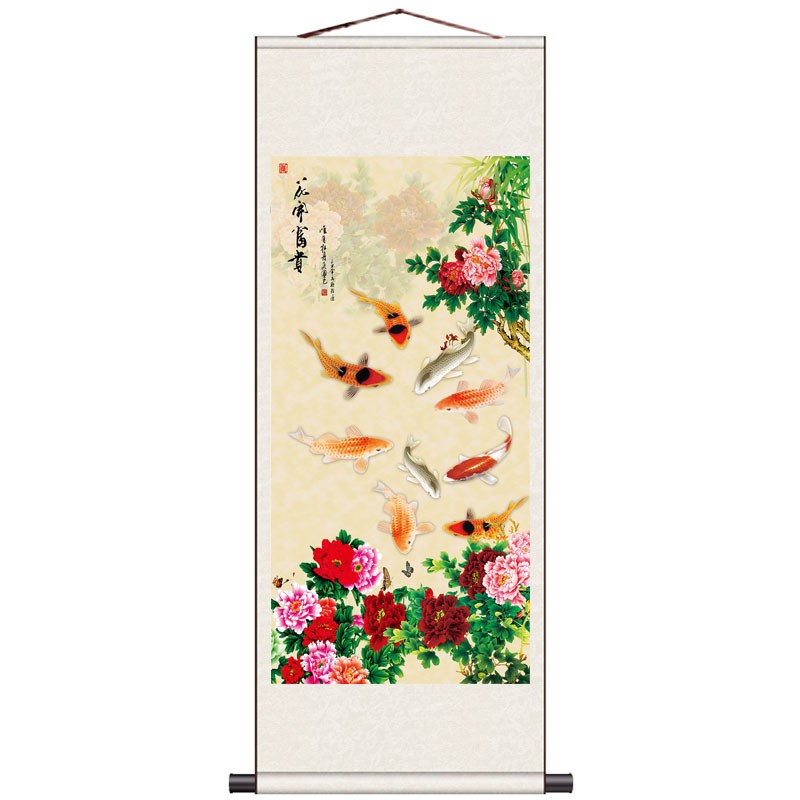莲花九鱼图荷花图丝绸卷轴画国画年年有余月月有余丝绸礼品