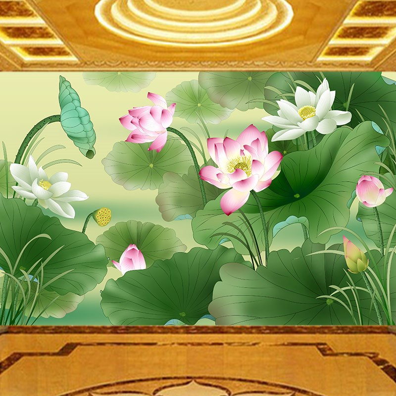 荷花莲叶墙纸养生馆佛堂禅房民宿背景墙装饰画水草莲花荷叶壁纸