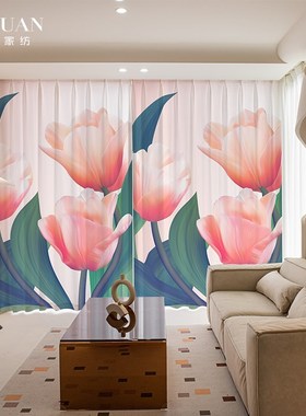 绍兴柯桥窗帘客厅高档大气郁金香油画卧室飘窗装饰纱帘22年新款