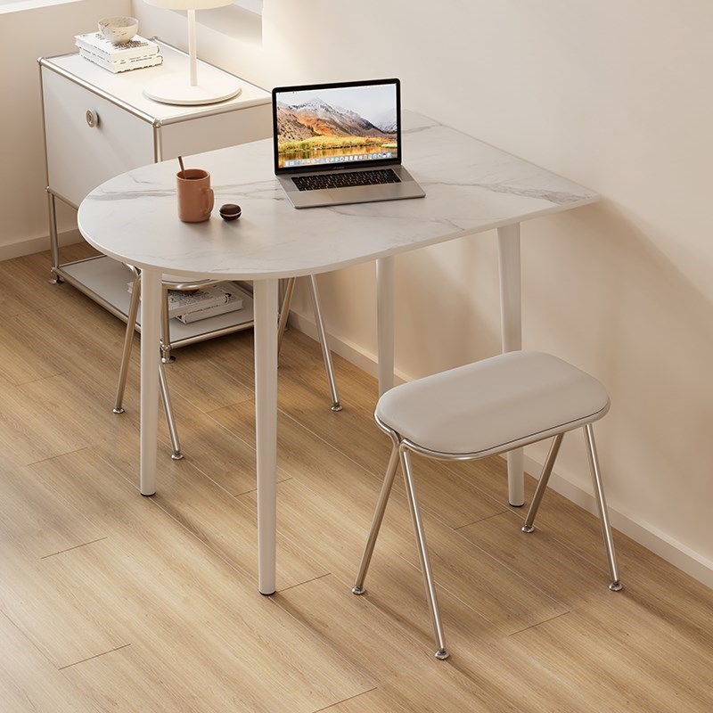 现代风小户型家用公寓半圆岛台餐桌靠墙椭圆形纯白岩板饭桌椅