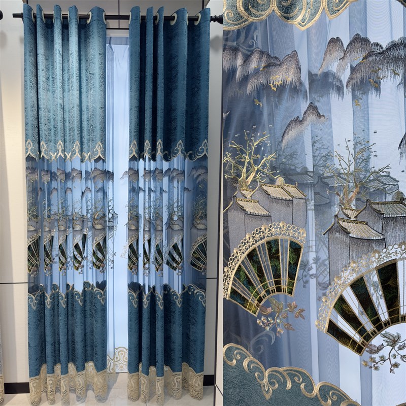 中式奢华别墅客厅阳台镂空绣花窗帘高档加厚雪尼尔大气窗帘布定制