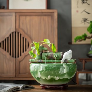 流水陶瓷鱼缸造景循环流水器鱼系统水池仿竹子竹筏装饰