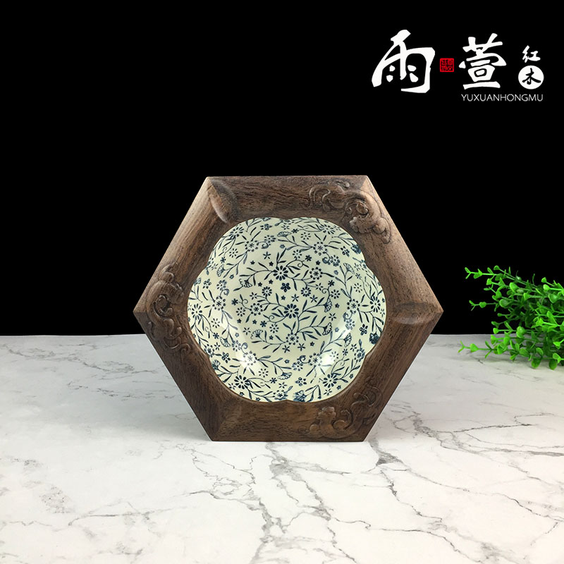 黒梓木烟灰缸实木质中式陶瓷仿古红木办公室创意个性复古大号客厅