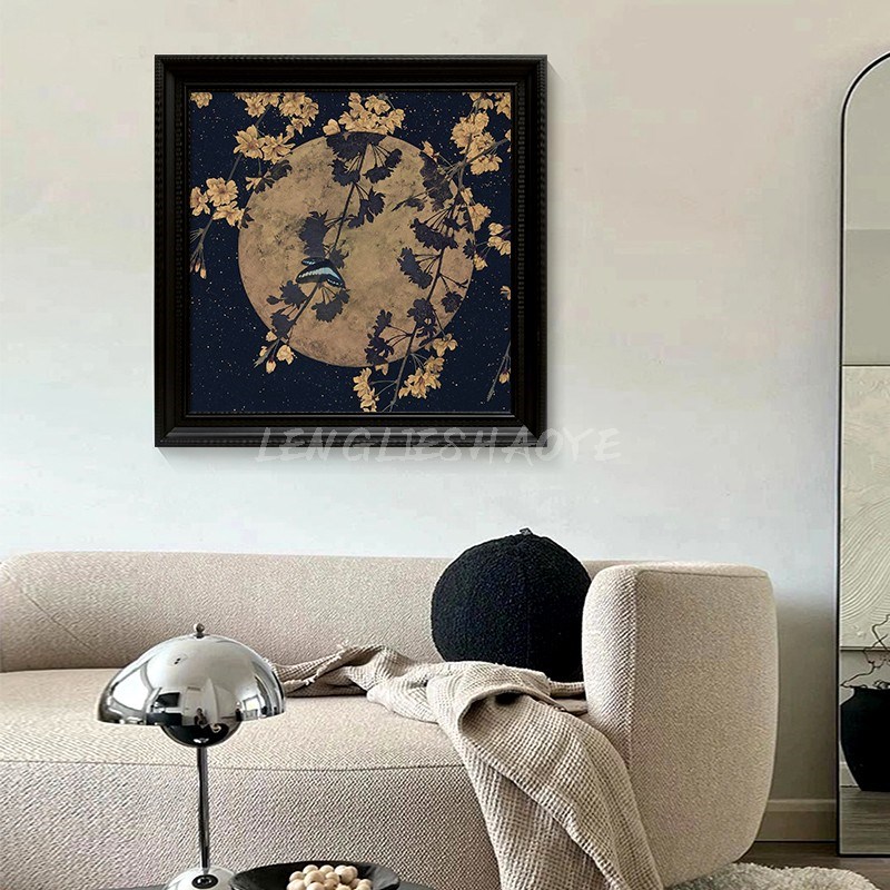 法式复古装饰画月下桂花手绘油画中式玄关客厅蝴蝶餐厅高级感挂画