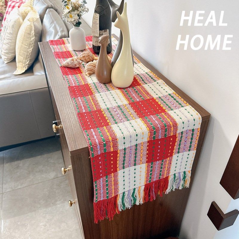 复古红白格编织流苏棉线长条桌旗桌布茶艺餐垫桌垫派对拍照道具布,居家布艺,桌旗,淘宝优惠券,粉丝福利购,淘宝优惠卷