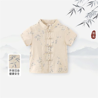 男童唐装夏季新中式童装竹林盘扣短袖上衣中国风儿童汉服宝宝夏装