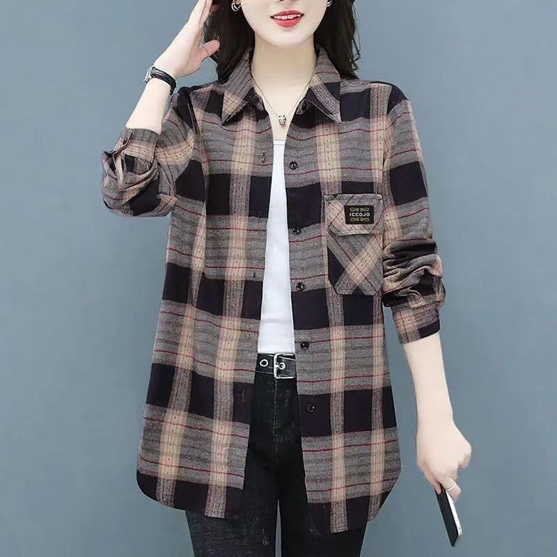 2022春秋新款宽松格子衬衫女外搭百搭衬衣春装上衣外套空调防晒衫