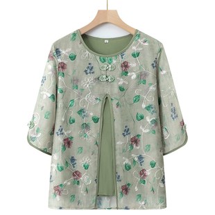 中老年人夏装套装女奶奶假两件T恤薄款妈妈夏季新款上衣太太衣服