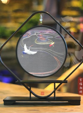 有福湘绣新中式爱晚亭千里江山手工双面绣商务结婚送礼非苏绣摆件