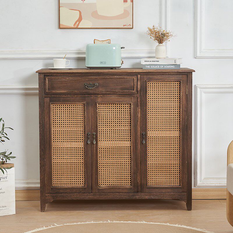 美式入户边柜实木斗柜双门鞋柜客厅收纳柜子复古餐边柜藤编储物柜