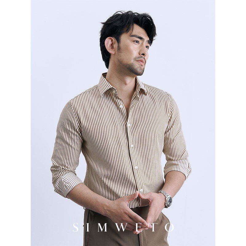 意式轻熟男 泡泡纱舒适透气亲肤长袖条纹衬衫男士春季绿色衬衣潮