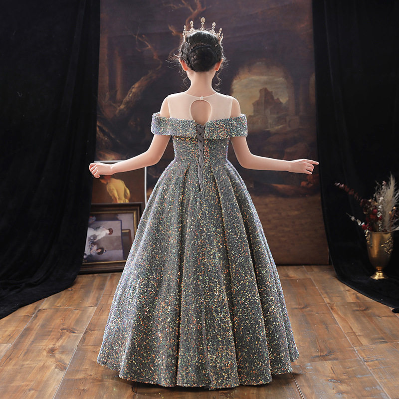 女童红色公主裙走秀晚礼服蓬蓬纱儿童生日女孩主持高端钢琴演出服