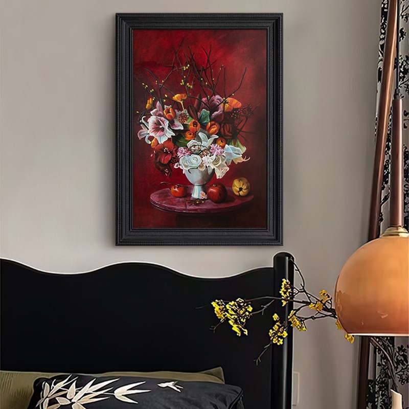 美式复古红色系花瓶花卉桌面摆件装饰品水果挂画客厅玄关手绘油画图片