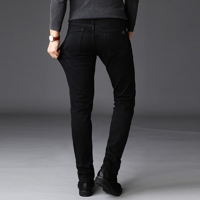 不掉色高端纯黑色牛仔裤男高弹力直筒宽松修身秋季加绒休闲长裤子
