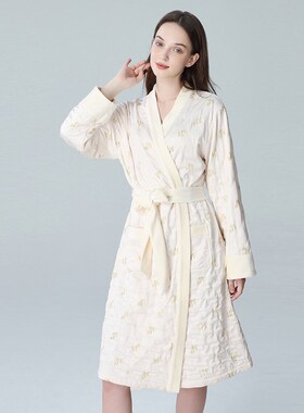 IIZZINI 睡袍女秋冬长袖夹棉薄款国风黄玫花奢华系带家居浴袍